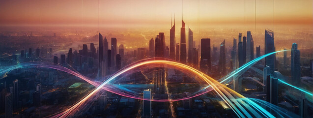 Aesthetic Wave Line Design Merging with Abstract Dot Points and Gradient Lines, Depicting the Technological Evolution of Smart Cities.