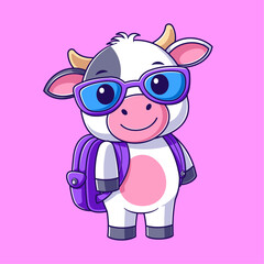 Cute cow wearing glasses and backpack