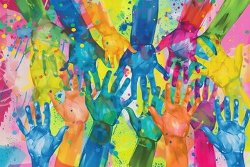 colorful paint painted hands of people showing their open hands in unity