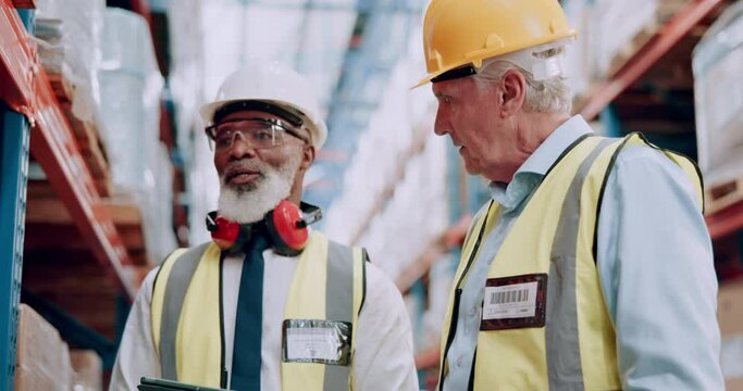 Senior, men and tablet in warehouse for inspection, discussion and collaboration for logistics and distribution. Digital checklist, inventory management and communication with tech for supply chain