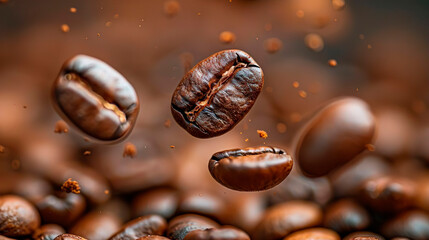 Close-up of dark aromatic roasts raw coffee beans floating in the air. Delicious drink beverage.