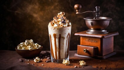 Sweet Milkshake with caramel syrup, cream liqueur, on brown background