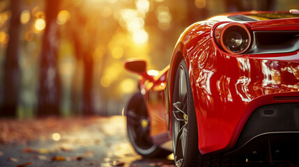 close up photo about Red sport car closeup picture on a narrow road with bokeh background - obrazy, fototapety, plakaty