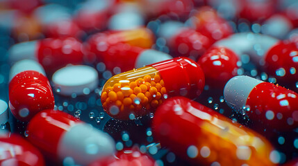 Close-up of red medicine pills and tablets for treatment. A biological food supplement. Healthcare and pharmaceutical concept. 