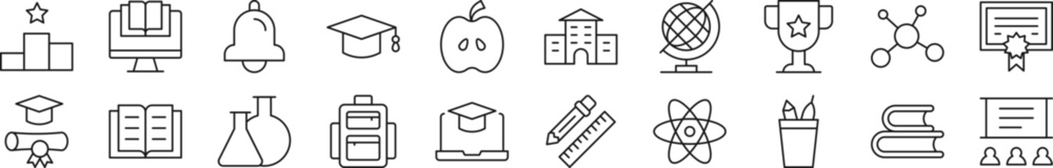 School, college, university linear vector icons collection. Editable stroke. Simple linear illustration for web sites, newspapers, articles book