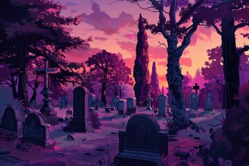 artistic illustration of an autumn evening in a cemetery - obrazy, fototapety, plakaty