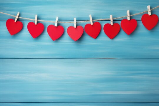 Red paper hearts on a string against blue wood.