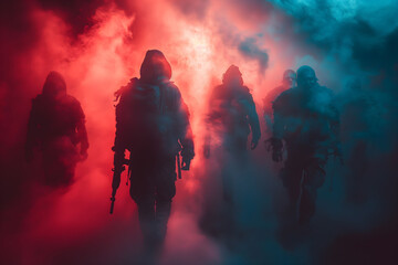 Soldiers Walking Through a Cloud of Smoke - obrazy, fototapety, plakaty