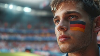 Close-up portrait of a smiling football fan with the flag of Germany on his face. Concept of 2024 UEFA European Football Championship