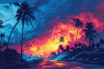 Vibrant tropical sunset with palm trees and dynamic sky