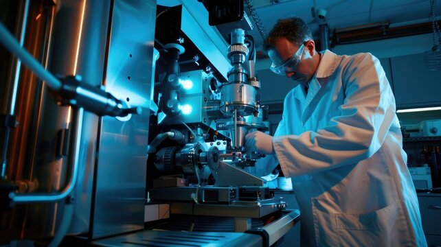 An NMR (Nuclear Magnetic Resonance) spectrometer in operation, with a scientist preparing a sample for molecular structure analysis