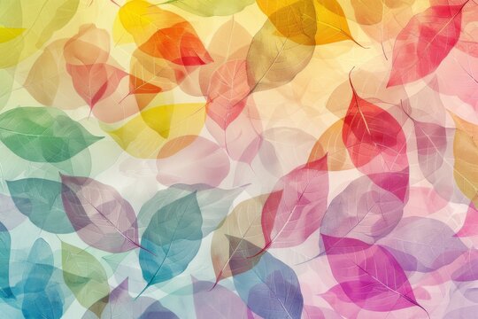 Colorful transparent leaves pattern background, in pastel colors, soft and dreamy, with an artistic touch in the style of watercolor Generative AI