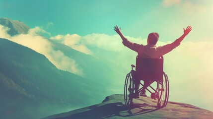 Silhouette of a man in a wheelchair on the top of the mountain. Concept of disability