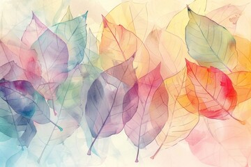 Fototapeta na wymiar Colorful transparent leaves create a background with a colorful watercolor palette of autumn colors in soft and dreamy tones Generative AI