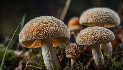 close up photo of mushrooms in forest - obrazy, fototapety, plakaty