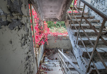 Staircase in Jupiter factory in Pripyat ghost city in Chernobyl Exclusion Zone in Ukraine