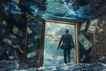businessman en route through a door of money