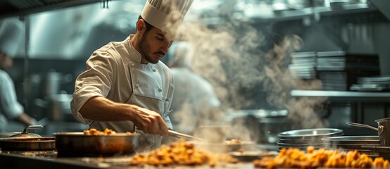 Professional chef cooking in a busy commercial kitchen with steam rising from stove top - obrazy, fototapety, plakaty