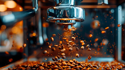 Coffee machine with floating coffee beans. Delicious drink beverage. Healthy eating. Organic natural ingredients.