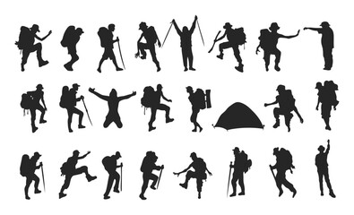 Silhouette of mountain climber, Peak vacation, Camping in tent, Natural mountain view