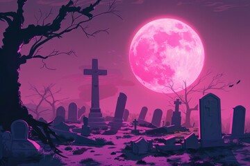 very creepy cemetery with purple moonlight light - 759220945