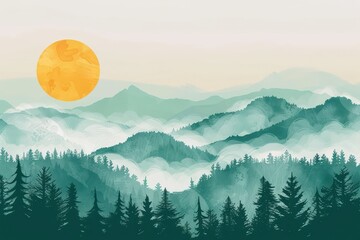 mountain landscape with a sun and trees on it - 759220947