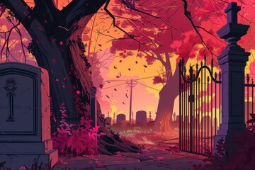 artistic illustration of an autumn evening in a cemetery - 759220957