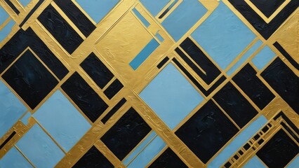 Oil painting, modern art fusion with a nostalgic touch, golden brushstrokes creating a geometric pattern, retro vibe with black and light blue accents, envisioned as wallpaper, poster, greeting card