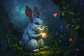 little bunny in the forest with hearts around him - 759220979