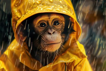 monkey in rainy day raincoat with rain hat - 759220988