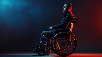 Side view of disabled man in wheelchair on dark background with neon light. Concept of disability