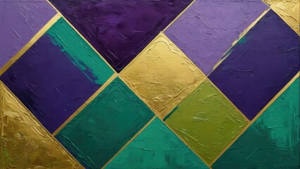 Oil painting on canvas featuring a composition of golden brushstrokes that exude a retro, nostalgic feel, complemented by geometric shapes in purple and green hues, suitable for a modern art wallpaper