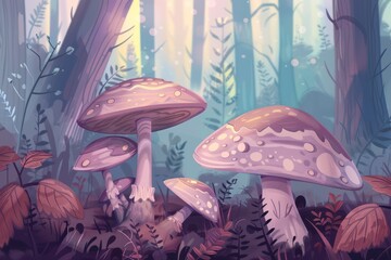 woodland illustration with mushrooms in the background - 759221505