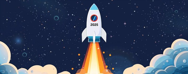 A vibrant rocket emblazoned with 2025 ascends into a starry sky, symbolizing an ambitious start to the New Year