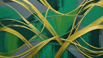 Oil painting, invoking a sense of retro nostalgia, featuring golden brushstrokes harmoniously intertwined with geometric shapes in shades of green and gray, serves as a versatile background for a wall