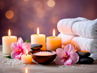 Fototapeta na wymiar Spa bath treatment composition with spa stones, sea salt, towels, candles and delicate flowers