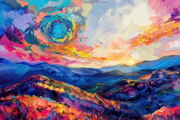 colorful painting in the mountains with clouds - 759221751