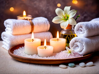 Fototapeta na wymiar Spa bath treatment composition with sea salt, towels, candles and delicate flowers