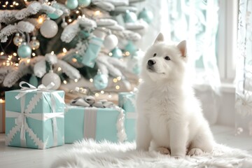 snow white puppy sitting in front of a christmas tree with gifts - 759221798