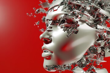 face and body of an intelligent image of technology on red background - 759221900