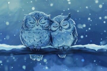 cartoon happy couple owls sitting on a branch - 759221959