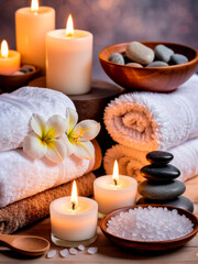 Fototapeta na wymiar Spa bath treatment composition with spa stones, towels, candles and delicate flowers
