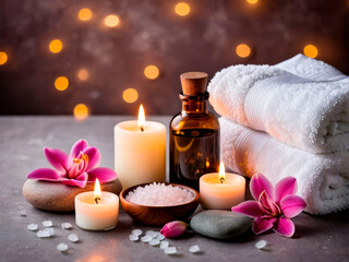 Obraz na płótnie Canvas Spa bath treatment composition with sea salt, massage oil, towels, candles and delicate flowers