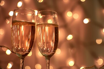 two champagne flutes in a light background of night lights - 759221991