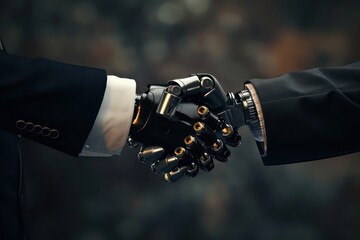 two men shaking hands with robot hands - 759222175