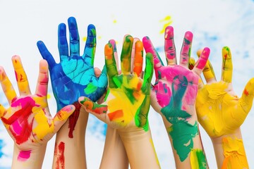 colorful paint painted hands of people showing their open hands in unity - 759222199
