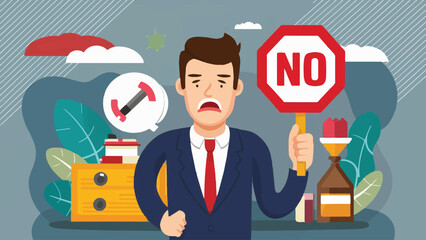 Businessman Holding Stop Sign with NO Word: Rejecting, Disagreeing, Refusing Concept Illustration in Flat Design 