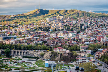 Aerial view in Tbilisi city, view with Holy Trinity Cathedral, Georgia