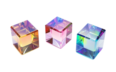 Collection of 3d crystal glass cubes with refraction and hol isolated on white or transparent background