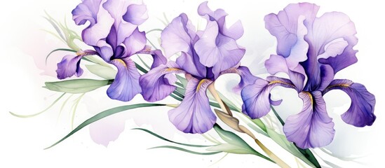 A beautiful watercolor painting of purple flowers on a white background, showcasing the vibrant petals of the violet flowering plants